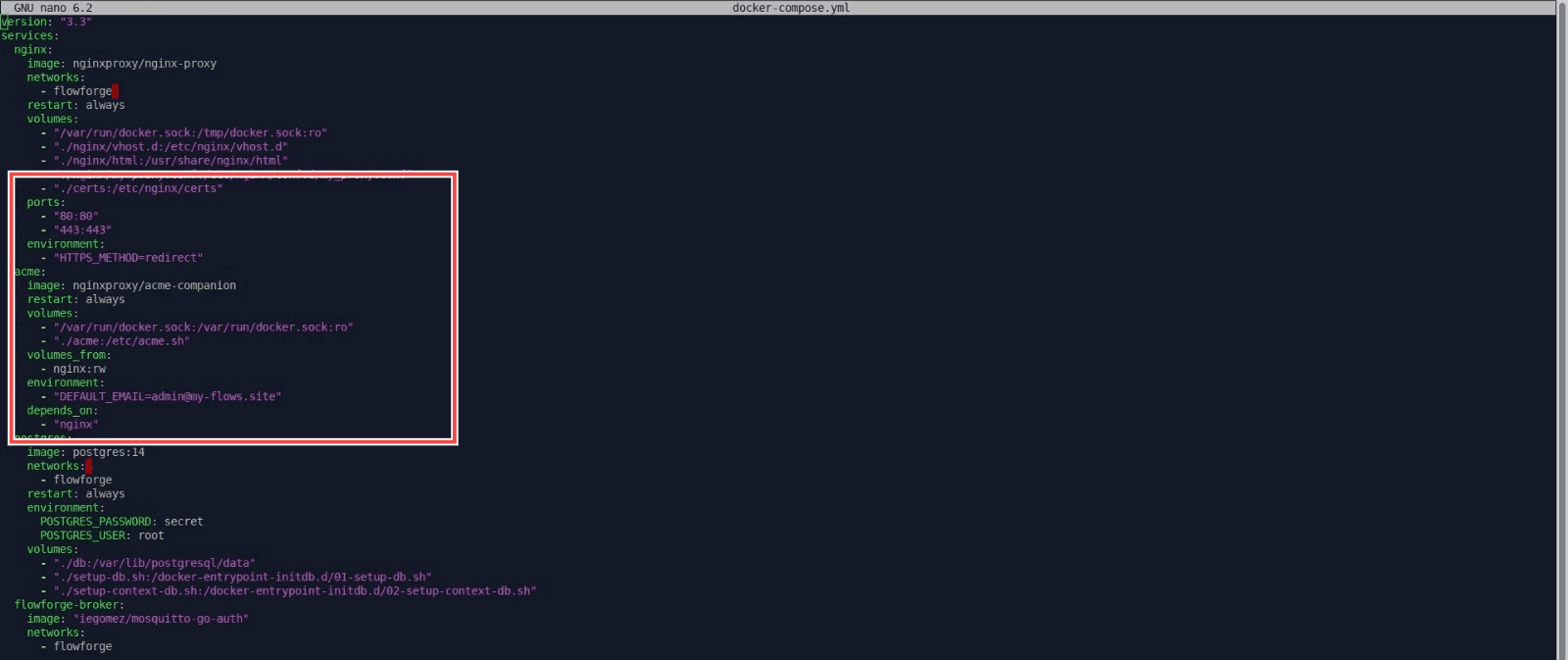 "Screenshot the terminal showing the update made in docker-compose.yml file for ssl configuration"
