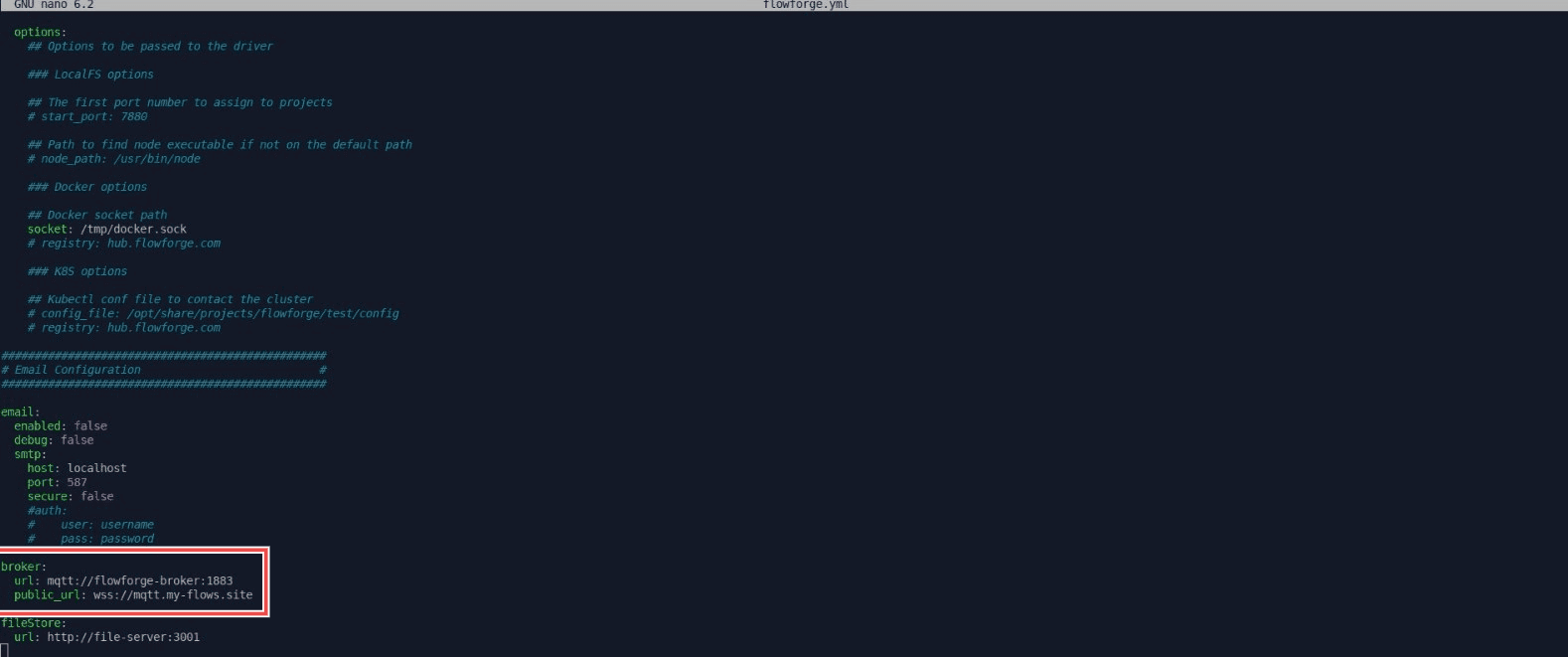 "Screenshot of the terminal showing the update made in 'broker's public_url' in the flowforge.yml file for SSL configuration"